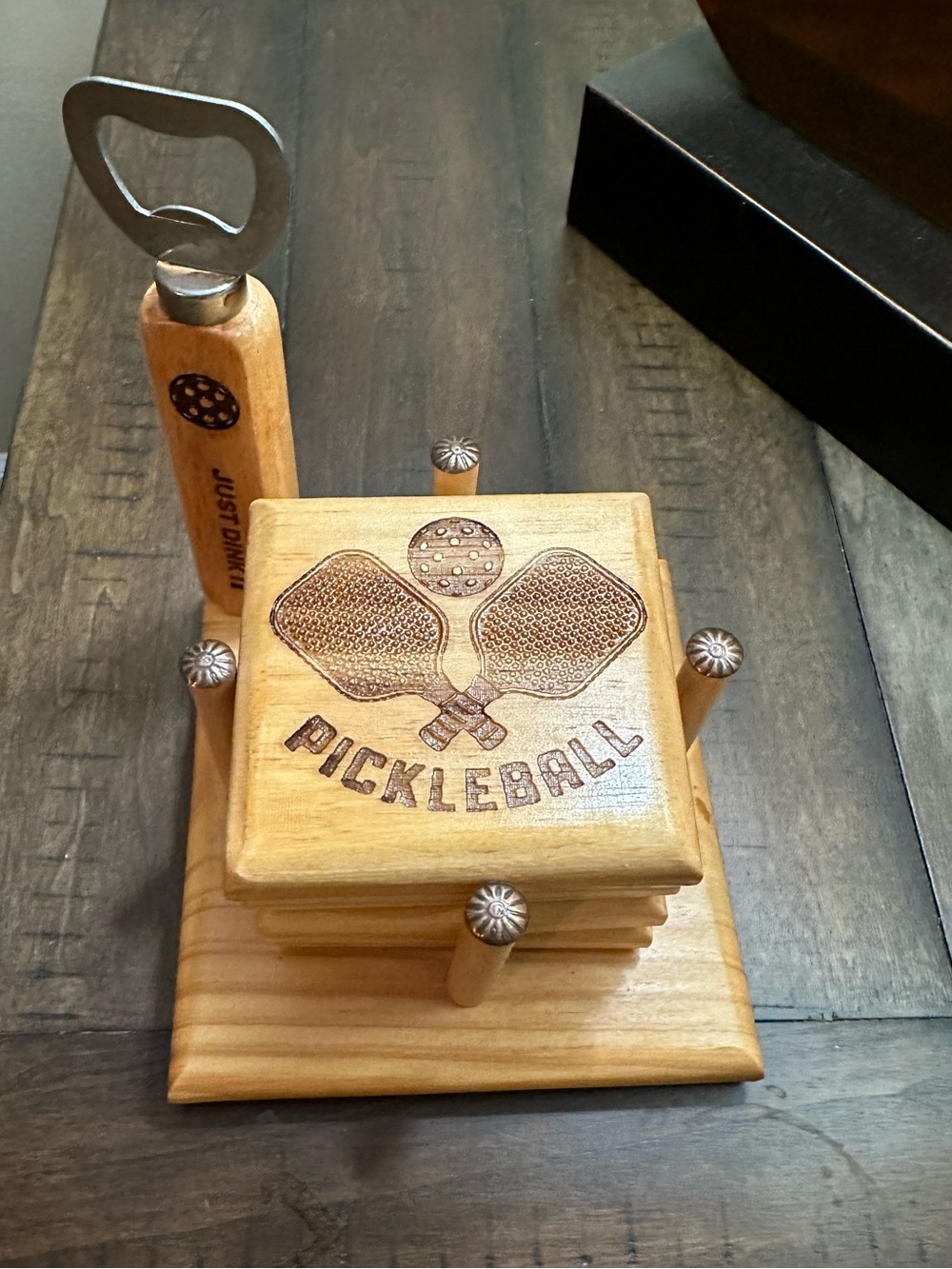 Handcrafted Wooden Pickleball Coaster Set with Holder & Bottle Opener – Brand Ne